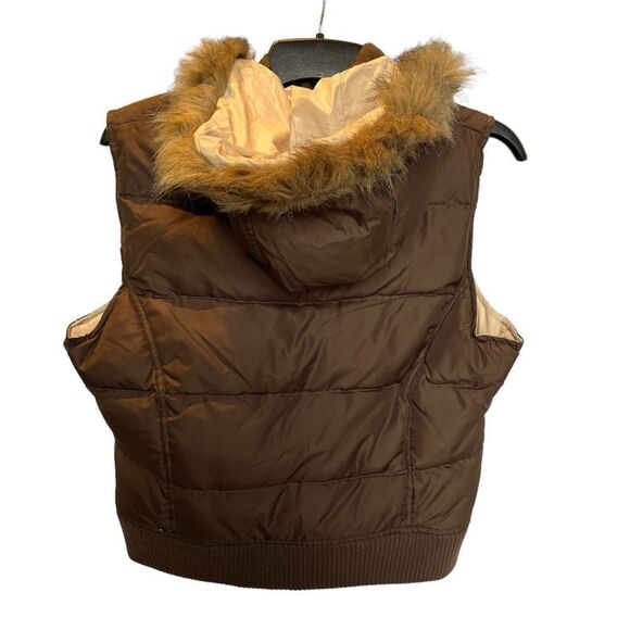Aeropostale Women's Hooded Down Vest Brown with Fur Trimmed Hood Size XL - Picture 2 of 10